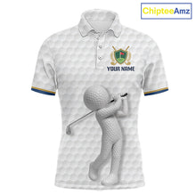 Load image into Gallery viewer, Front view Custom Name mens golf polo shirt with unique golf ball pattern and personalized design