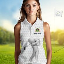 Load image into Gallery viewer, Golfer wearing Custom Name womens sleeveless golf polo shirt with unique golf ball pattern perfect golf gift for women on the course
