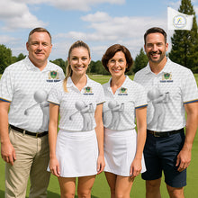 Load image into Gallery viewer, Four people in Custom Name mens golf polo shirt with unique golf ball pattern on a golf course 