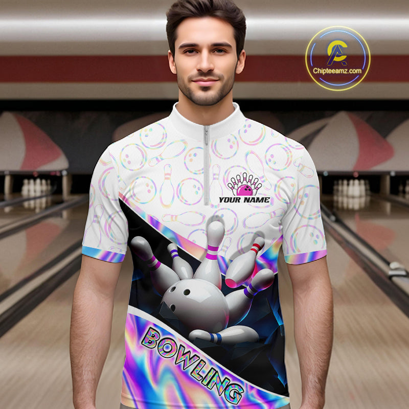 Man bowler wearing custom neon cosmic bowling team 1/4 quarter-zip shirt on the lanes