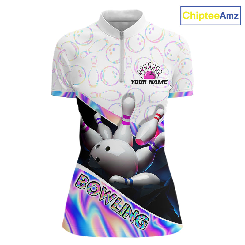 Front view of custom neon cosmic bowling quarter zip shirt for women with white zipper