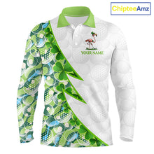 Load image into Gallery viewer, Funny Flamingo Green Clover Pattern White Mens Golf Polo Shirt, Custom St Patrick Day Golf Apparel NBT852
