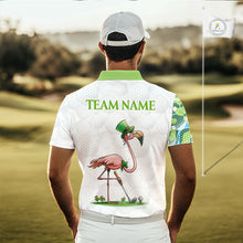 Load image into Gallery viewer, Golfer wearing Funny Flamingo green clover pattern white mens golf polo shirt St Patrick Day apparel on golf course with personalized name on the back.