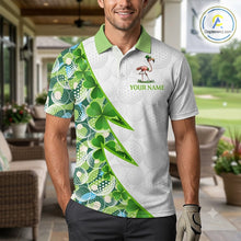 Load image into Gallery viewer, Golfer wearing Funny Flamingo green clover pattern white mens golf polo shirt St Patrick Day apparel on golf course
