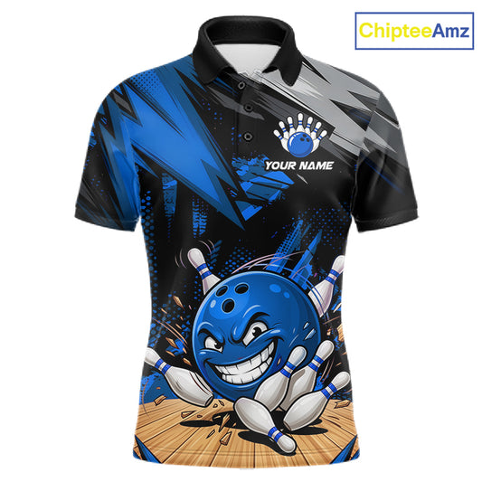 Front view of custom funny bowling ball men’s polo shirt, blue bowling team design