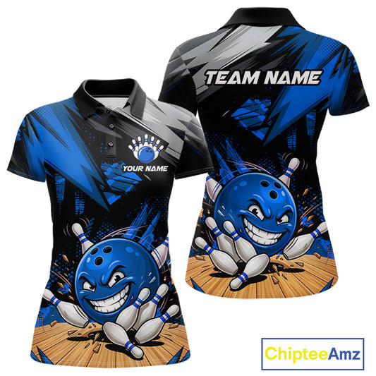 Custom Funny Bowling Ball Bowling Women Polo & 1/4 Quarter Zip Shirt, Blue Bowling Team Shirt NBT928