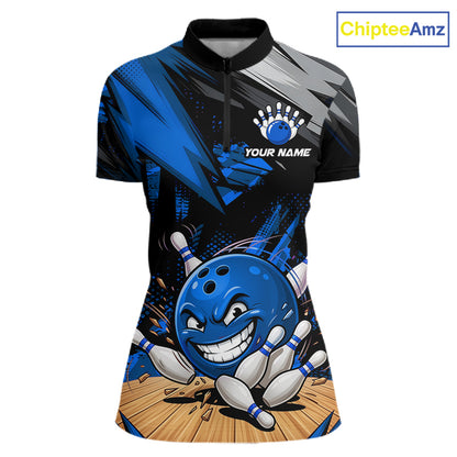 Custom Funny Bowling Ball  Bowling Women Polo & 1/4 Quarter Zip Shirt, Blue Bowling Team Shirt NBT928