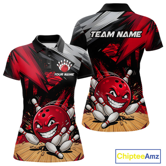 Custom Funny Bowling Ball  Bowling Women Polo & 1/4 Quarter Zip Shirt, Red Bowling Team Shirt NBT929