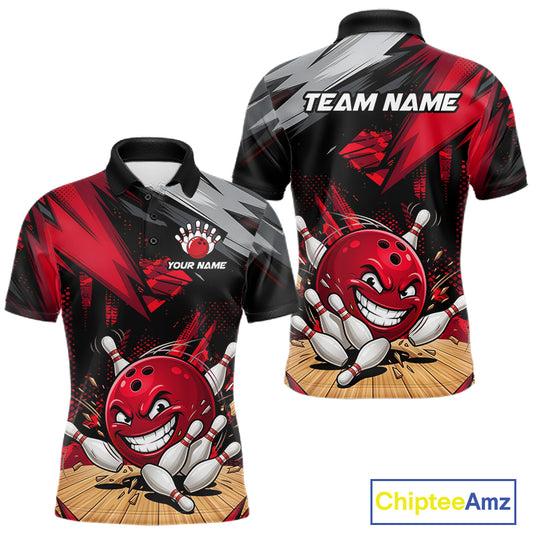 Custom Funny Bowling Ball  Bowling Men Polo & 1/4 Quarter Zip Shirt, Red Bowling Team Shirt NBT929