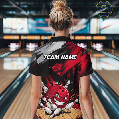 Custom Funny Bowling Ball  Bowling Women Polo & 1/4 Quarter Zip Shirt, Red Bowling Team Shirt NBT929