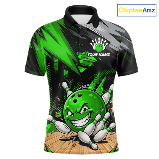 Custom Funny Bowling Ball  Bowling Men Polo & 1/4 Quarter Zip Shirt, Green Bowling Team Shirt NBT931
