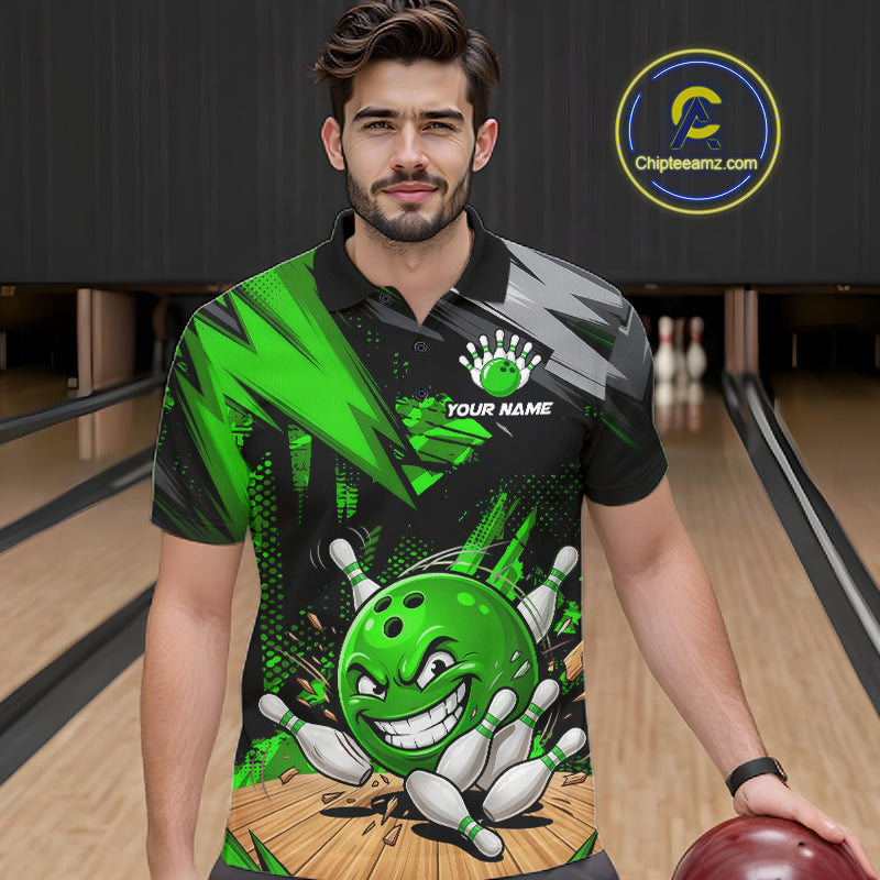 Custom Funny Bowling Ball  Bowling Men Polo & 1/4 Quarter Zip Shirt, Green Bowling Team Shirt NBT931