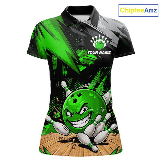 Custom Funny Bowling Ball  Bowling Women Polo & 1/4 Quarter Zip Shirt, Green Bowling Team Shirt NBT931