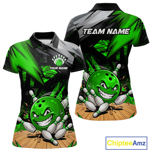 Custom Funny Bowling Ball  Bowling Women Polo & 1/4 Quarter Zip Shirt, Green Bowling Team Shirt NBT931