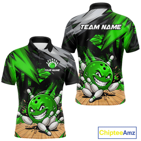 Custom Funny Bowling Ball  Bowling Men Polo & 1/4 Quarter Zip Shirt, Green Bowling Team Shirt NBT931