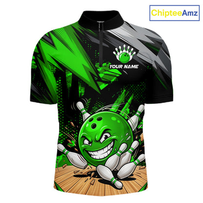Custom Funny Bowling Ball  Bowling Men Polo & 1/4 Quarter Zip Shirt, Green Bowling Team Shirt NBT931