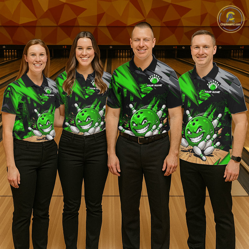 Custom Funny Bowling Ball  Bowling Men Polo & 1/4 Quarter Zip Shirt, Green Bowling Team Shirt NBT931