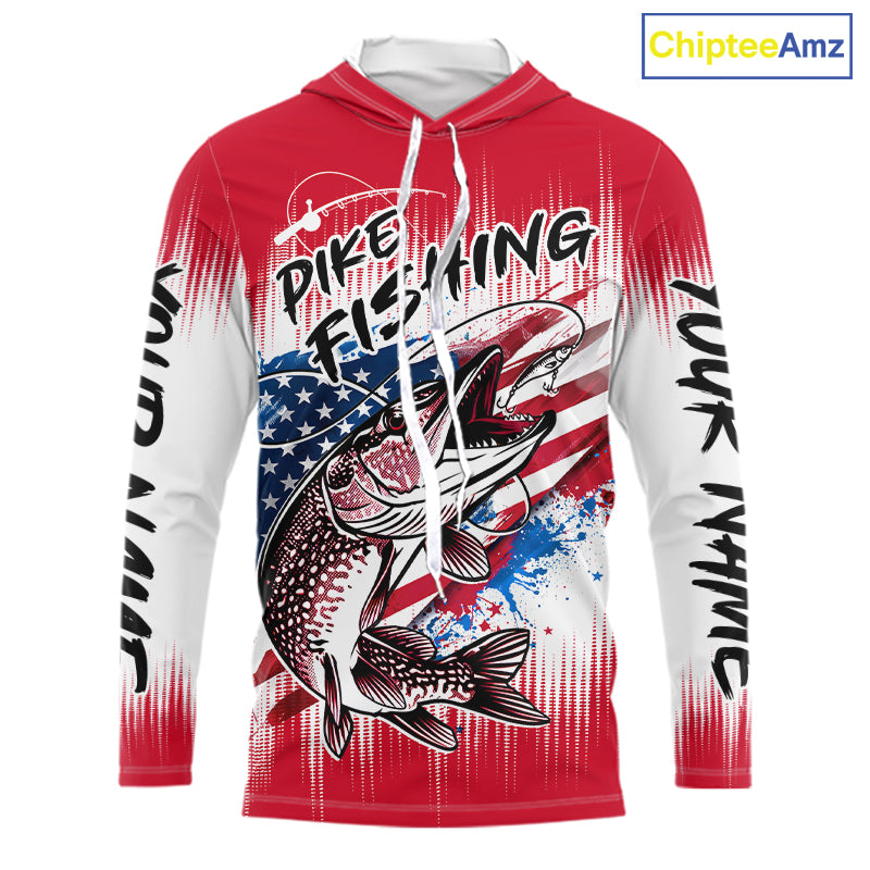 Personalized American Flag Northern Pike Long Sleeve Hooded Fishing Shirts, Patriotic Pike Fishing Jerseys|Red NBT656