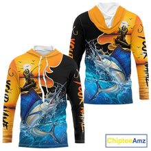 Load image into Gallery viewer, Sailfish long sleeve hooded fishing shirt with fishing reaper design
