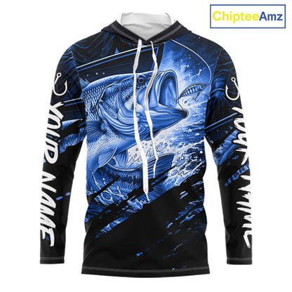 Long sleeve hooded fishing shirt with blue bass fish design on a black background