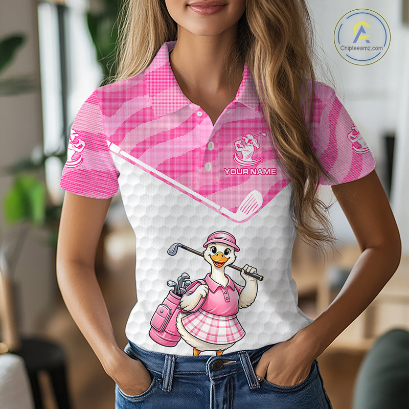 Pink Zebra Pattern Funny Duck Womens Golf Polo Shirts, Cute Duck Golfer, Sporty Animal Golf Gift NBT658