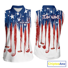 Load image into Gallery viewer, Personalized American Flag Golf White Womens Sleeveless Golf Polo Shirts Custom Name Golf Gifts For Ladies NBT659