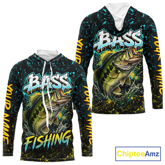 Personalized Neon Color Bass Long Sleeve Hooded Fishing Shirts, Largemouth Bass Fishing Jerseys For Men NBT668