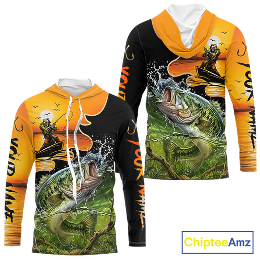 Personalized Fish Reaper Sunset Design Largemouth Bass Long Sleeve Hooded Fishing Shirts NBT673