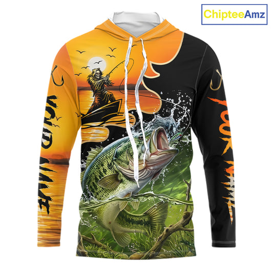 Personalized Fish Reaper Sunset Design Largemouth Bass Long Sleeve Hooded Fishing Shirts NBT673