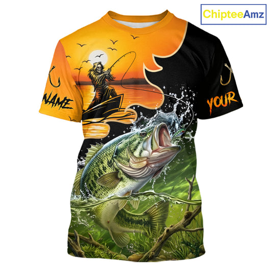 Personalized Fish Reaper Sunset Design Largemouth Bass Fishing T-Shirts NBT673
