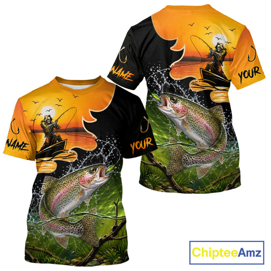 Personalized Fish Reaper Sunset Design Rainbow Trout Fishing T-Shirts NBT676