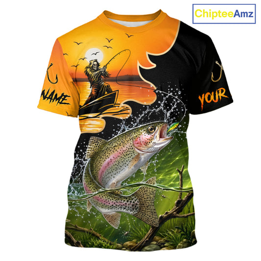 Personalized Fish Reaper Sunset Design Rainbow Trout Fishing T-Shirts NBT676
