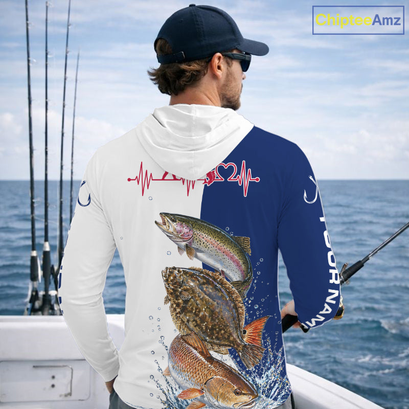 Blue Texas Slam Fishing Custom Performance Long Sleeve Hooded Team Redfish, Trout, Flounder Fishing Shirts NBT679