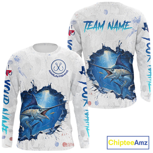Custom Marlin Fishing Long Sleeve Tournament Shirts, Marlin Saltwater Fishing Apparel | White NBT681