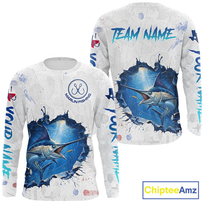 Custom Marlin Fishing Long Sleeve Tournament Shirts, Marlin Saltwater Fishing Apparel | White NBT681