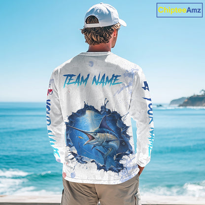 Custom Marlin Fishing Long Sleeve Tournament Shirts, Marlin Saltwater Fishing Apparel | White NBT681