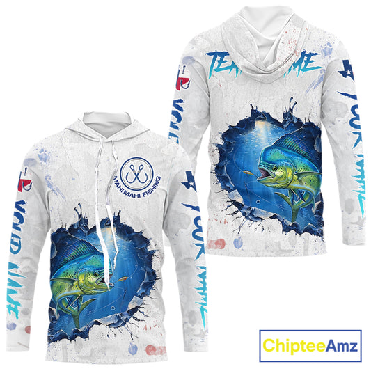 Custom Mahi Mahi Fishing Long Sleeve Hooded Tournament Shirts, Mahi Mahi Saltwater Fishing Apparel | White NBT683