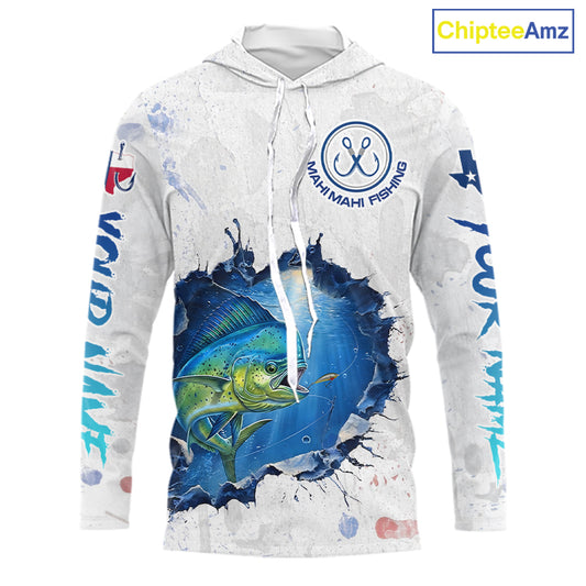Custom Mahi Mahi Fishing Long Sleeve Hooded Tournament Shirts, Mahi Mahi Saltwater Fishing Apparel | White NBT683