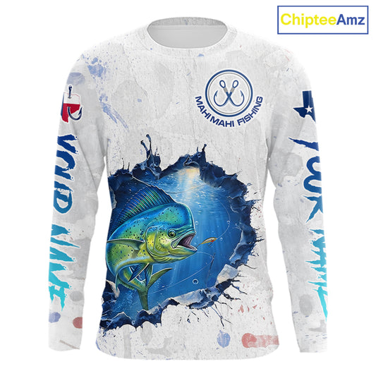 Custom Mahi Mahi Fishing Long Sleeve Tournament Shirts, Mahi Mahi Saltwater Fishing Apparel | White NBT683