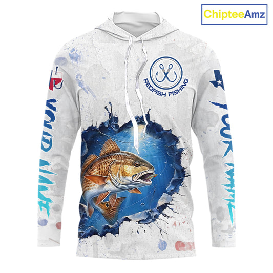 Custom Redfish Fishing Long Sleeve Hooded Tournament Shirts, Redfish Saltwater Fishing Apparel | White NBT684