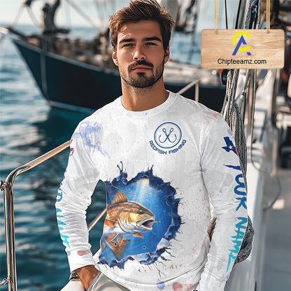 Custom Redfish Fishing Long Sleeve Tournament Shirts, Redfish Saltwater Fishing Apparel | White NBT684