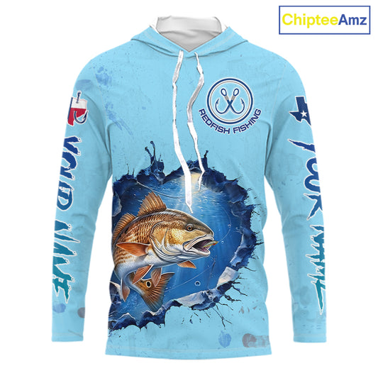 Custom Redfish Fishing Long Sleeve Hooded Tournament Shirts, Redfish Saltwater Fishing Apparel | Blue NBT686