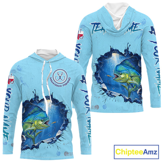 Custom Mahi Mahi Fishing Long Sleeve Hooded Tournament Shirts, Mahi Mahi Saltwater Fishing Apparel | Blue NBT687