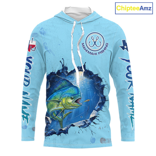 Custom Mahi Mahi Fishing Long Sleeve Hooded Tournament Shirts, Mahi Mahi Saltwater Fishing Apparel | Blue NBT687