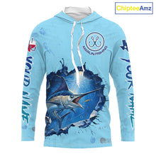 Load image into Gallery viewer, Custom Marlin Fishing Long Sleeve Hooded Tournament Shirts, Marlin Saltwater Fishing Apparel | Blue NBT688