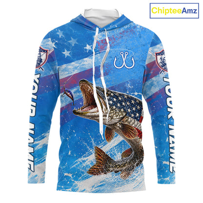 American flag northern pike hooded fishing shirt front view custom name
