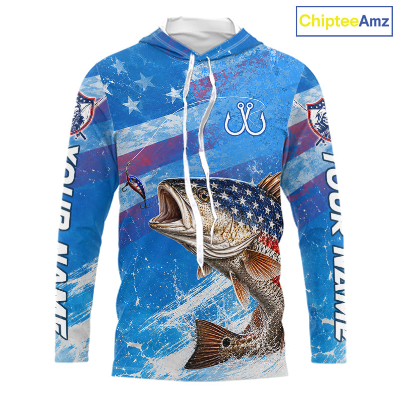 American flag redfish hooded fishing shirt front view