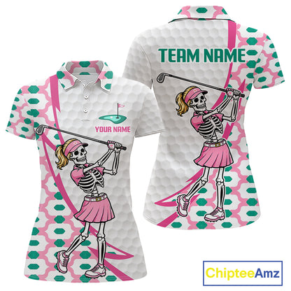 Pink skeleton golf polo shirt for women with personalized name and team name
