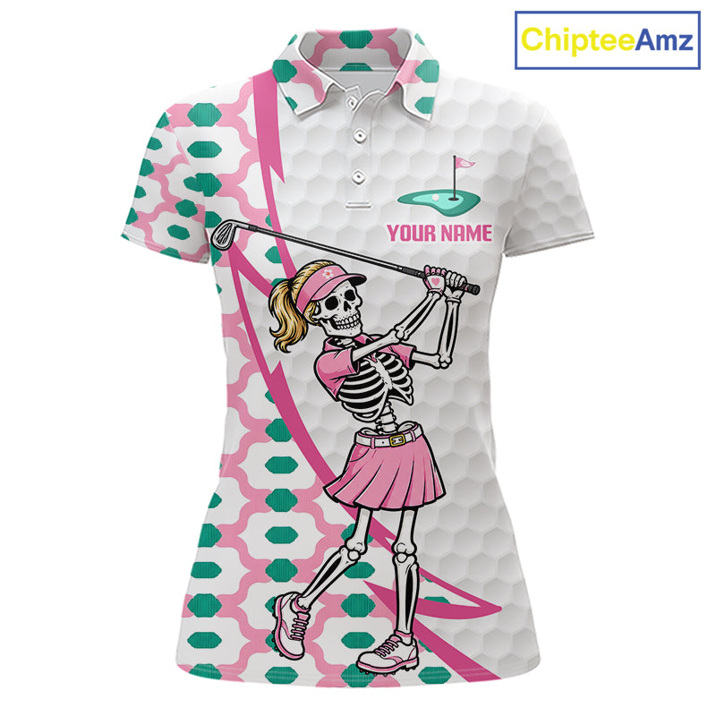Front view of funny skeleton pink pattern womens golf polo shirt with custom name