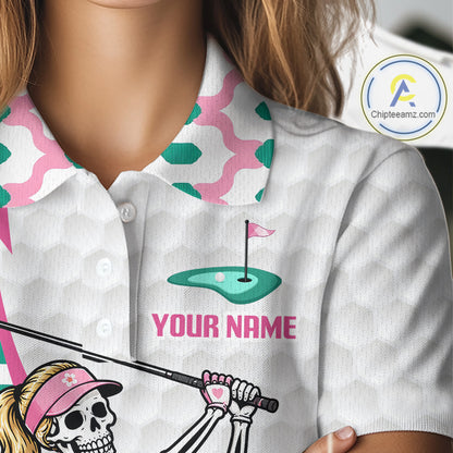 Funny Skeleton Pink Pattern Womens Golf Polo Shirt Golf Outfit Custom Name, Funny Golf Shirts NBT782